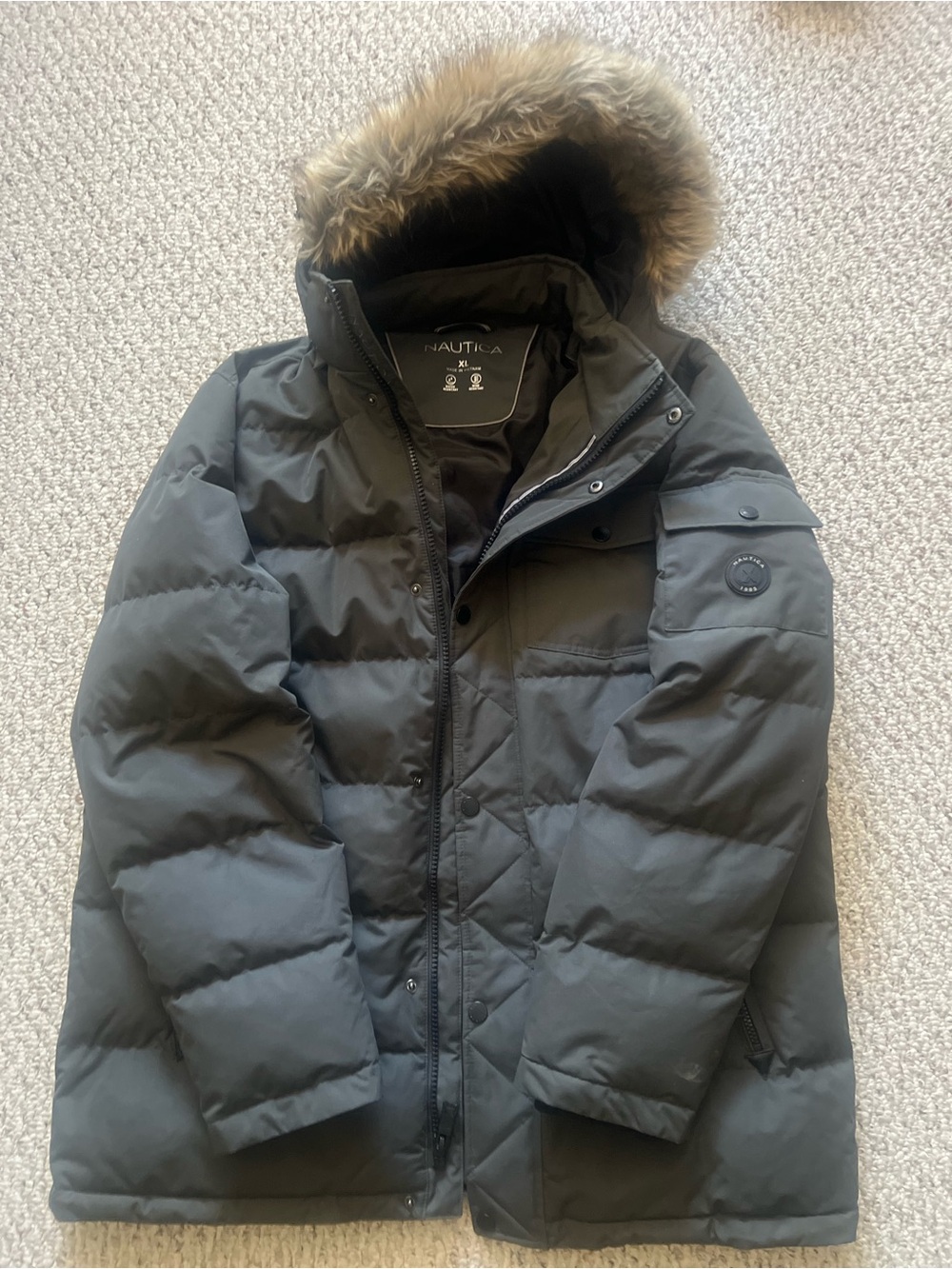 Nautica Men’s Charcoal Quilted Puffer Parka with Faux Fur Hood